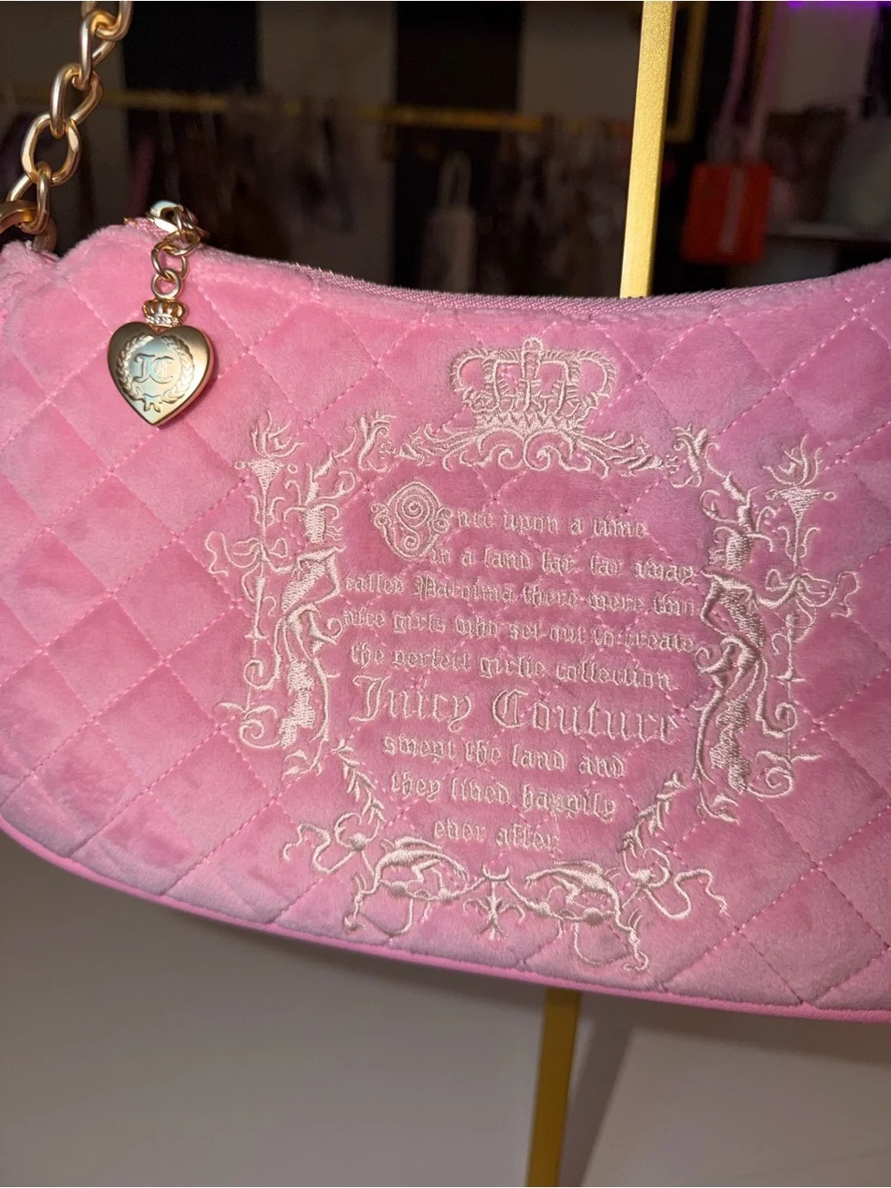 Juicy Couture Pink Velour Quilted Shoulder Bag w/ Heart Mirror & Key Charm gold